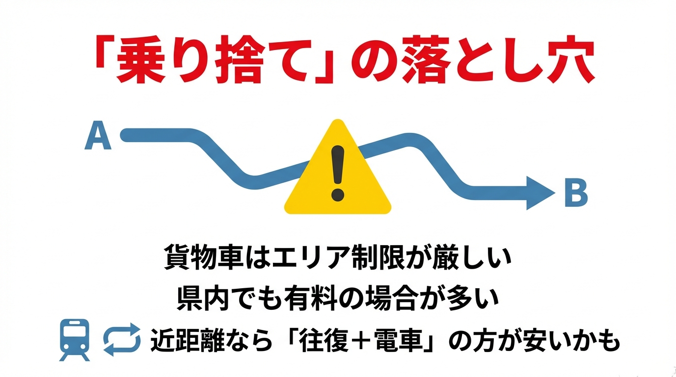 地点AからBへの移動に警告マークがついたイラスト。貨物車はエリア制限が厳しく県内でも有料が多いこと、近距離なら往復利用の方が安い可能性があることの解説