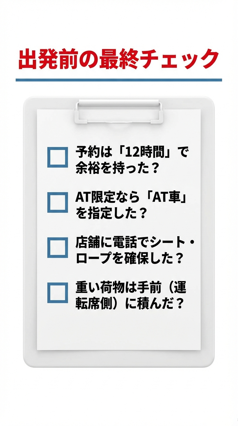 予約時間、AT指定、シート・ロープの確保、重い荷物の積載位置など、出発前に確認すべき4つの重要ポイント。 