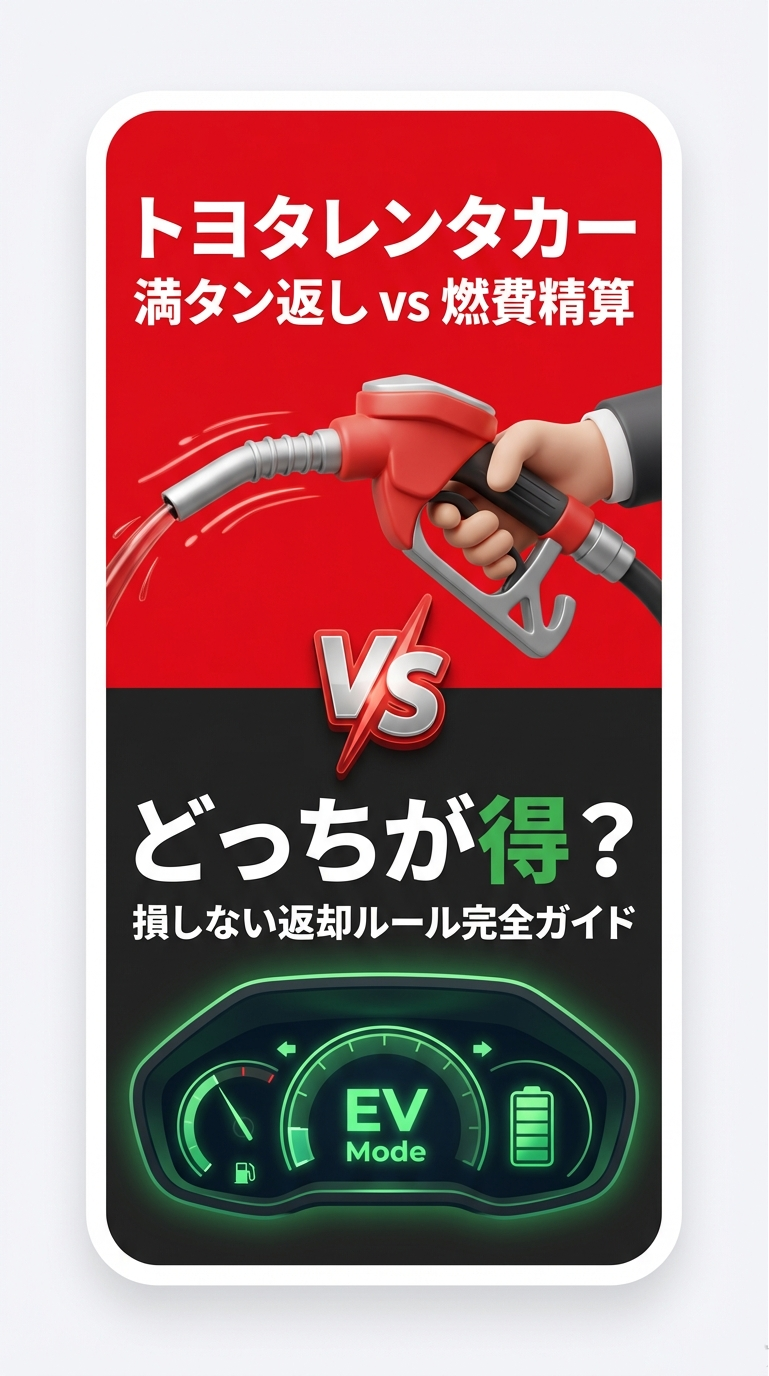 「満タン返し VS 燃費精算 どっちが得？ 損しない返却ルール完全ガイド」と書かれた、トヨタレンタカーの燃料返却ルールを比較する記事の表紙スライド 。