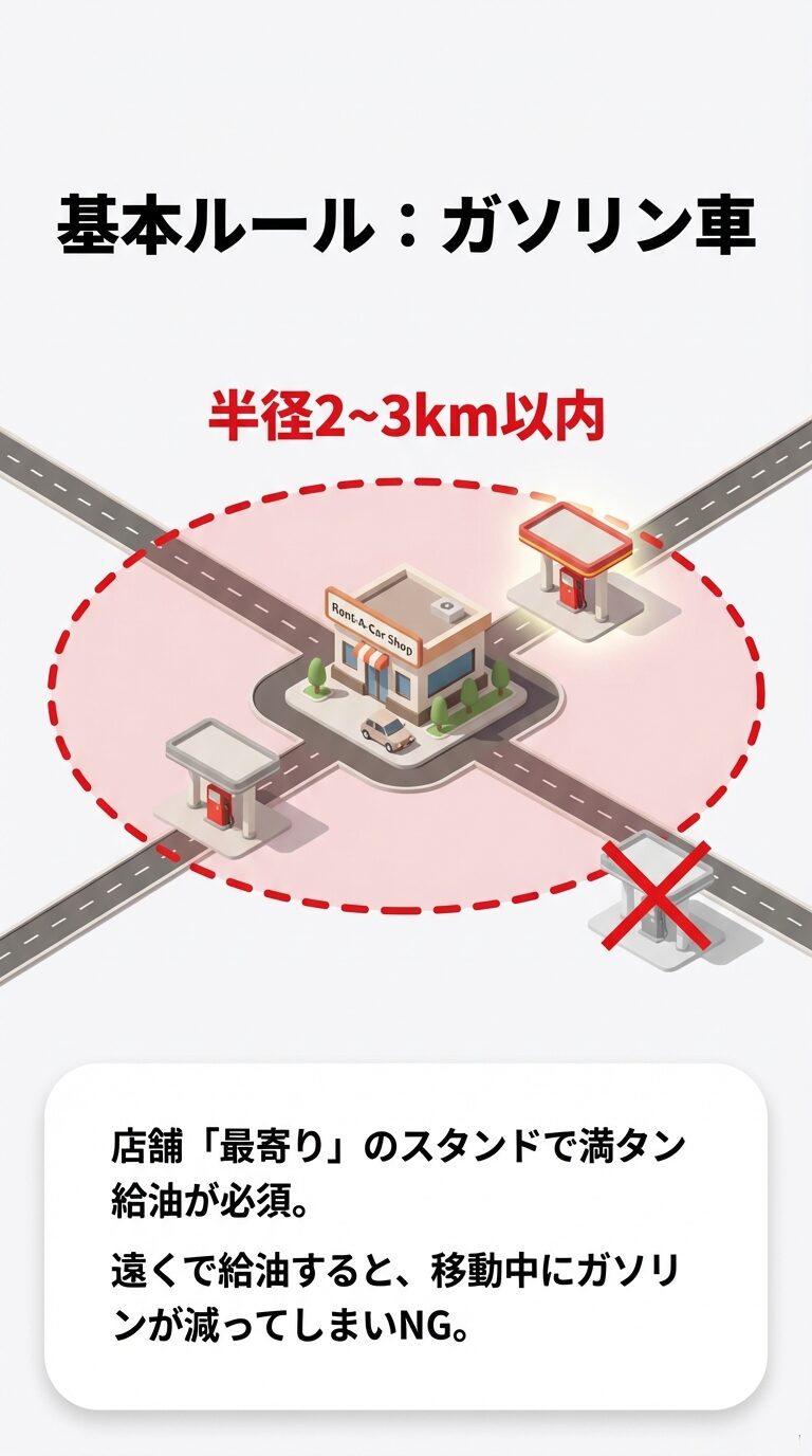 店舗から半径2〜3km以内の最寄りのガソリンスタンドで給油することが必須であり、遠くで給油すると移動中に燃料が減ってしまうためNGであることを示すイラスト