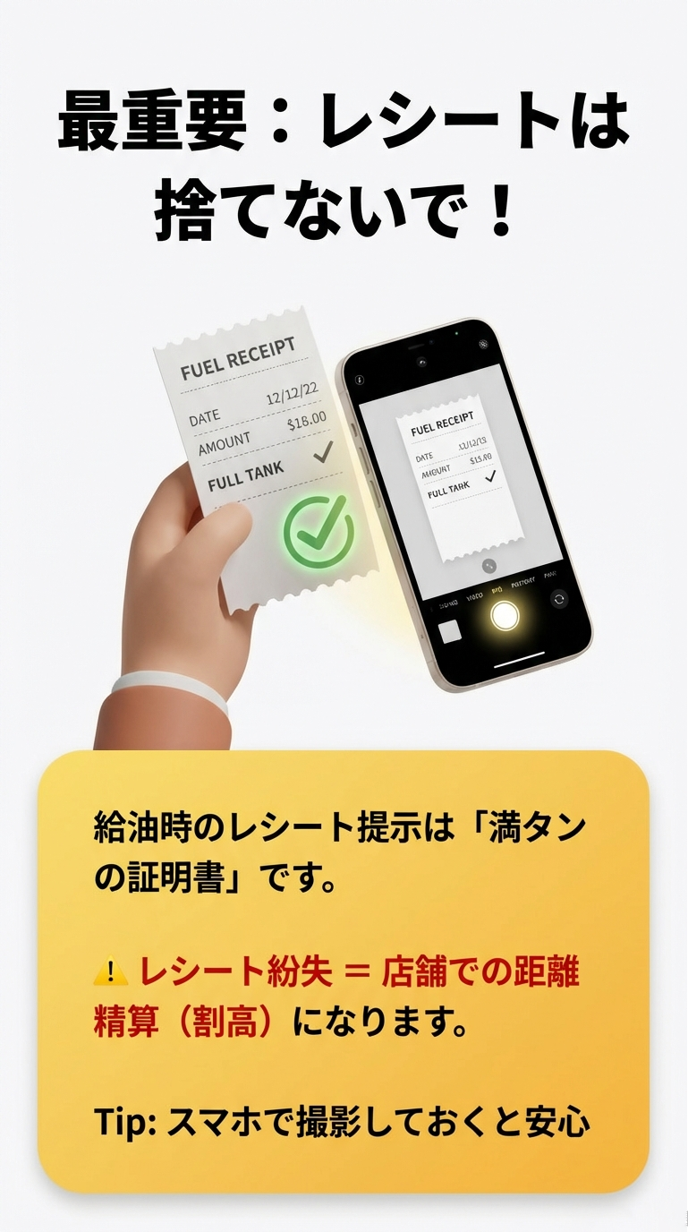 「最重要：レシートは捨てないで！」という見出しで、レシート提示が満タンの証明となり、紛失すると割高な距離精算になることを警告するスライド。スマホでの撮影も推奨されている 。