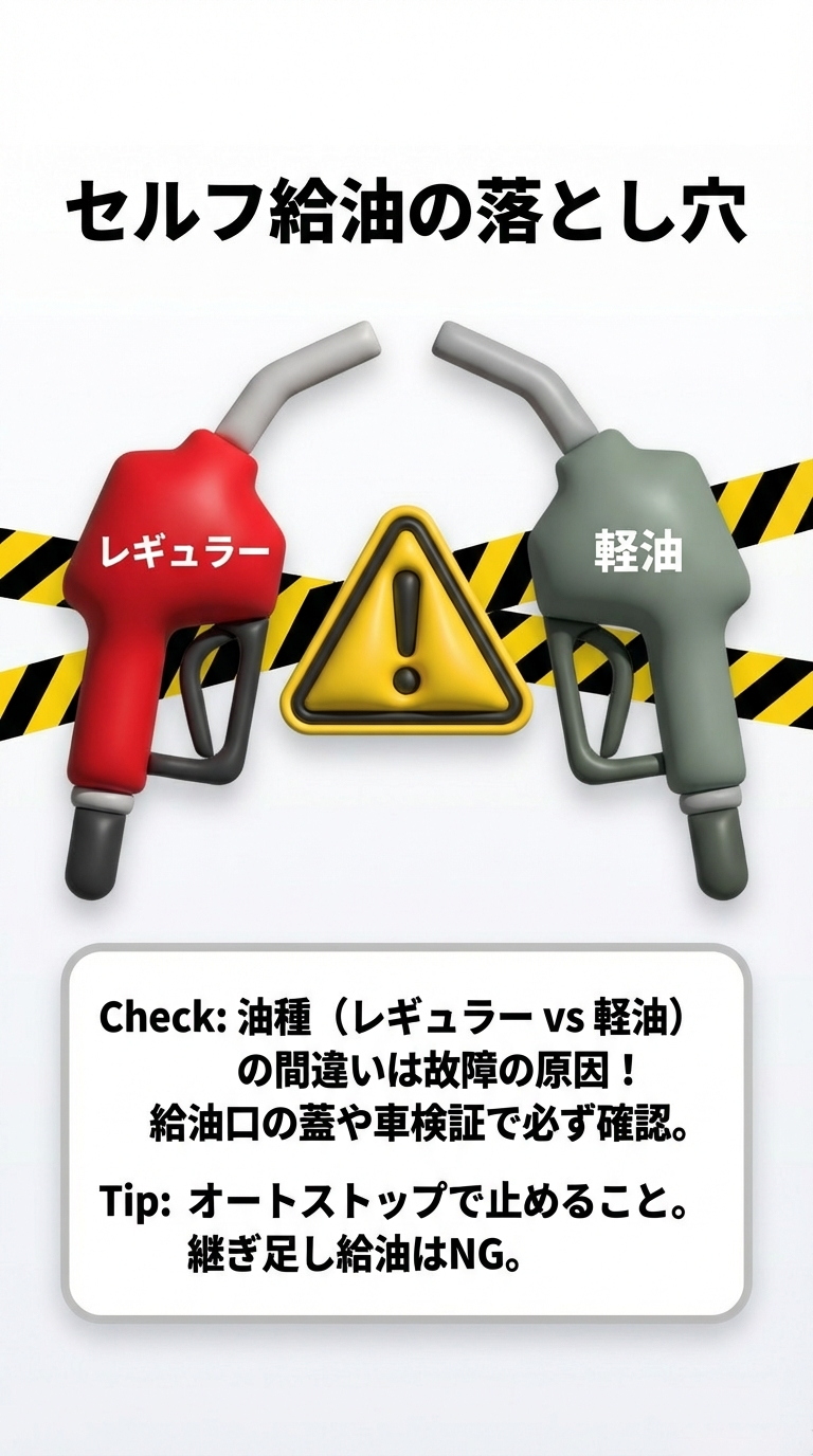 レギュラーと軽油の間違いが故障の原因になること、給油口の蓋で油種を確認すること、および継ぎ足し給油はせずオートストップで止めるべきであることを説明するスライド 。