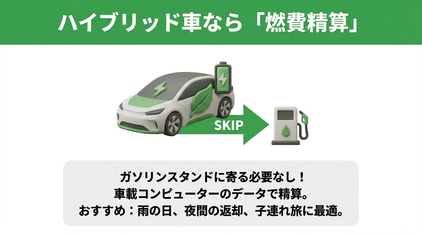 ハイブリッド車ならガソリンスタンドに寄る必要がなく、車載コンピューターのデータで精算できること、雨の日や子連れ旅行に最適であることを示すスライド 。