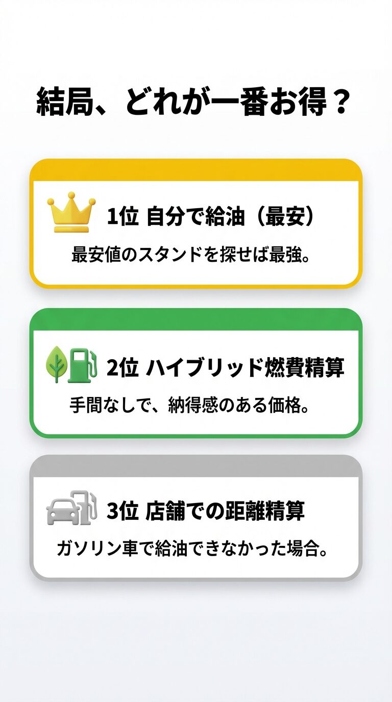 最もお得な順に、1位「自分で給油（最安）」、2位「ハイブリッド燃費精算（手間なし）」、3位「店舗での距離精算（割高）」であることを示す比較スライド 。