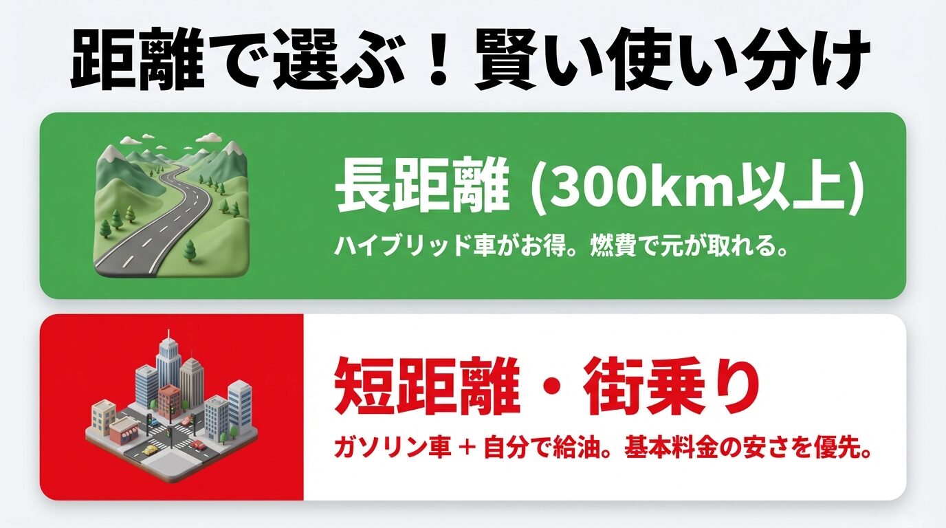 300km以上の長距離なら燃費で元が取れるハイブリッド車がお得で、短距離・街乗りなら基本料金の安いガソリン車＋自分での給油がおすすめであることを示すスライド