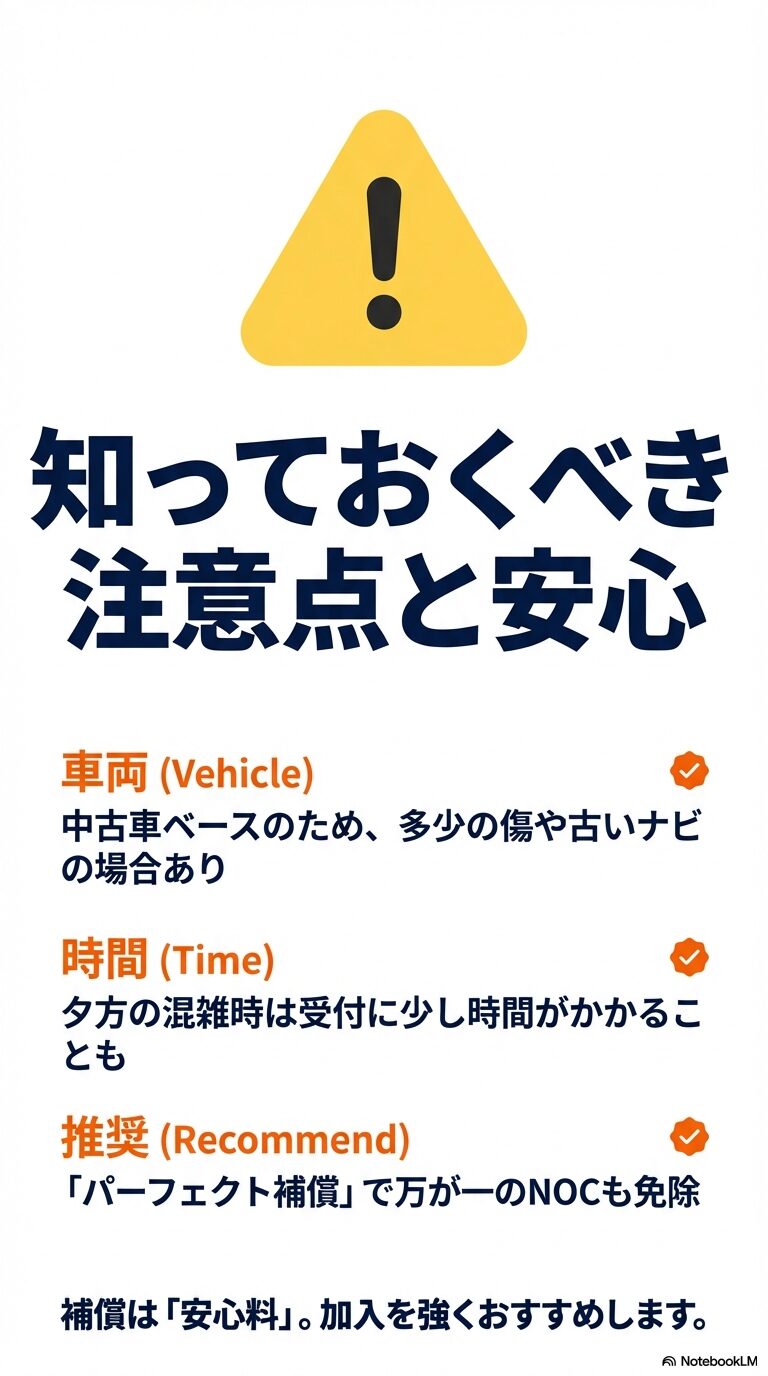 スライド9枚目。中古車ベースである点や混雑時の案内、そして「パーフェクト補償」への加入を強く推奨する注意書き 。