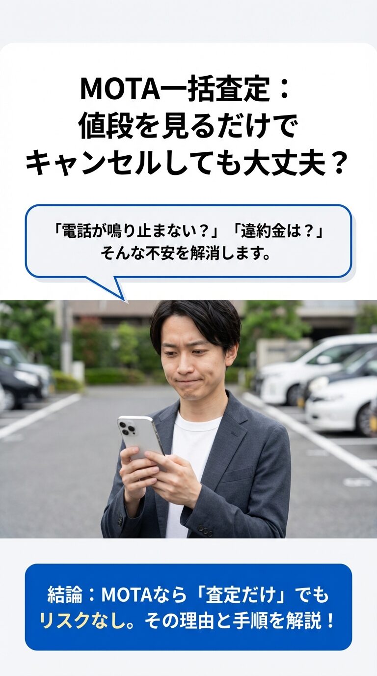 スマートフォンを操作する男性の画像。MOTA一括査定なら値段を見るだけでキャンセルしても大丈夫、電話や違約金の不安を解消し、リスクなしで利用できる理由と手順を解説するという内容の表紙スライド。