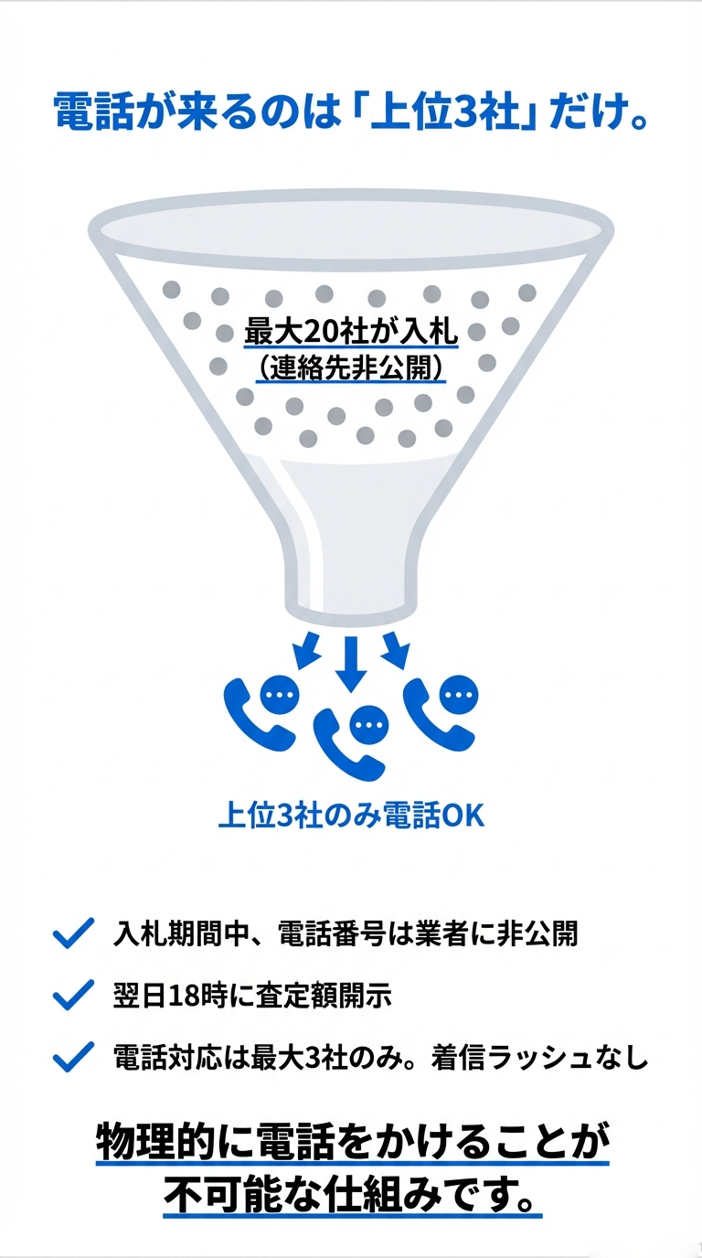 最大20社が入札するが、連絡先は非公開。翌日18時に査定額が開示され、電話対応は上位3社のみに限定されるため、着信ラッシュが物理的に不可能な仕組みを説明するイラスト。