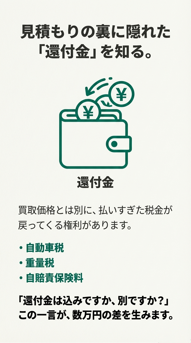 財布のアイコンと共に、自動車税・重量税・自賠責保険料の還付金が買取価格に含まれているか別かを確認することの重要性を説くスライド。 