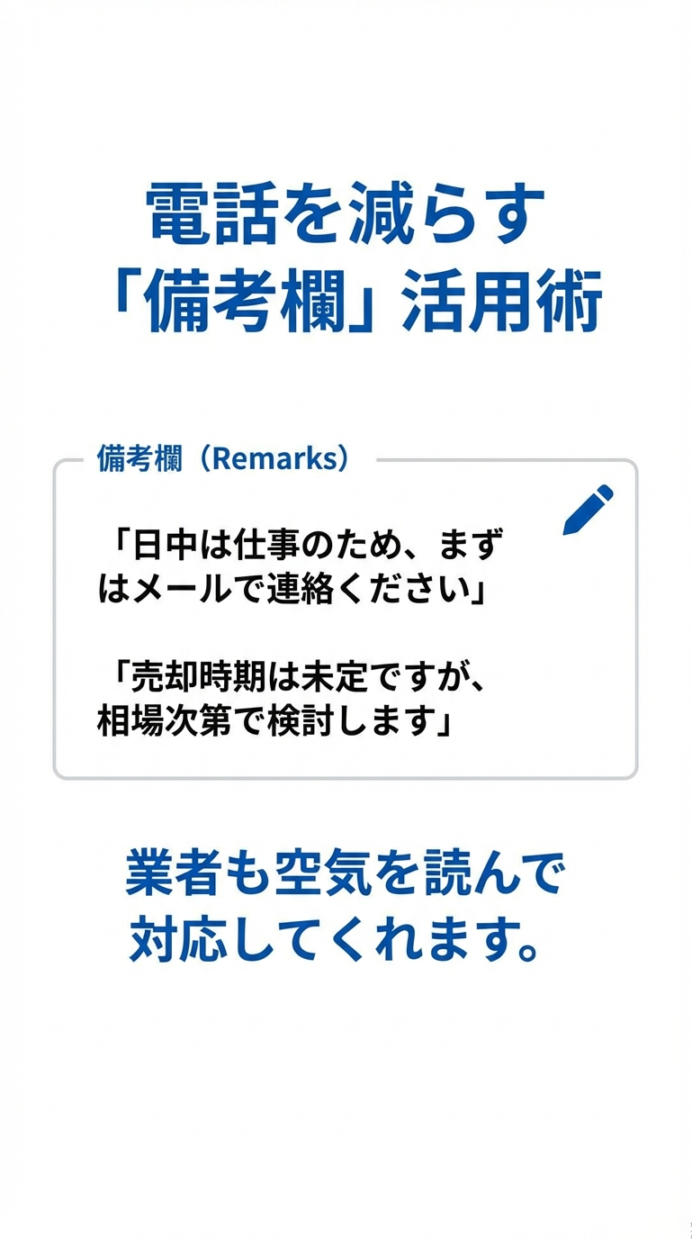 備考欄に「まずはメールで連絡ください」や「売却時期は未定ですが相場次第で検討します」と記載する例。業者が状況を汲み取って対応してくれることを説明するスライド。