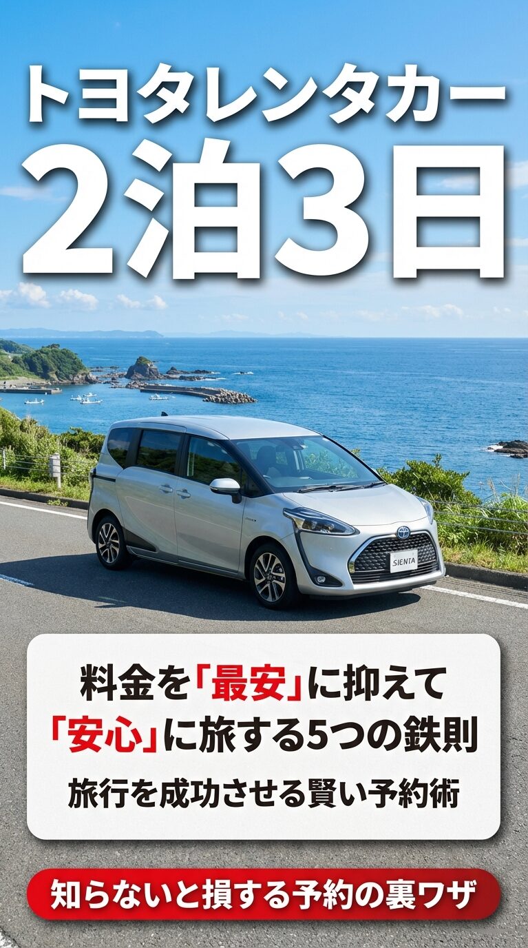 トヨタレンタカーで2泊3日の旅行を最安かつ安心に楽しむための5つの鉄則をまとめたスライドの表紙。車種シエンタの写真。 
