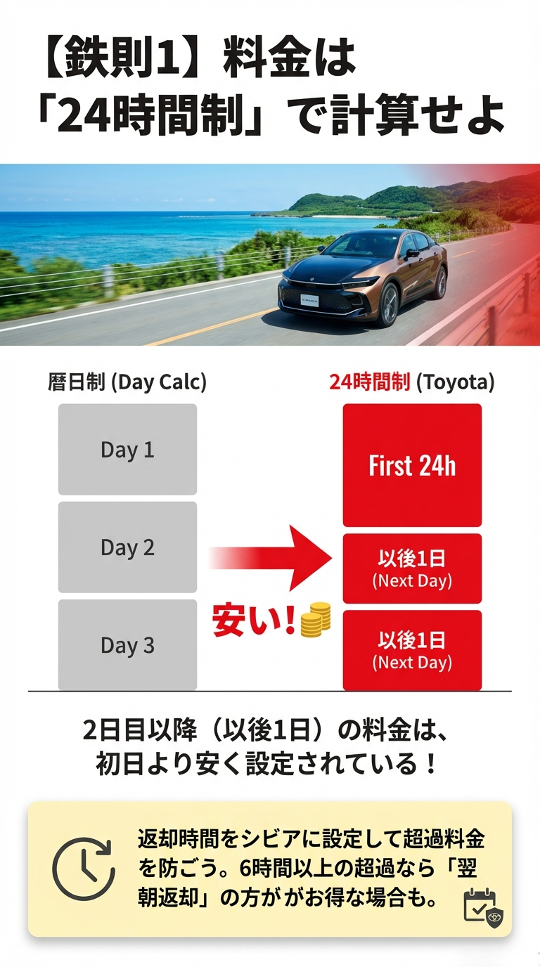 暦日制（日帰り計算）とトヨタレンタカーの24時間制を比較した図解。2日目以降の料金が初日より安くなるメリットを解説。 