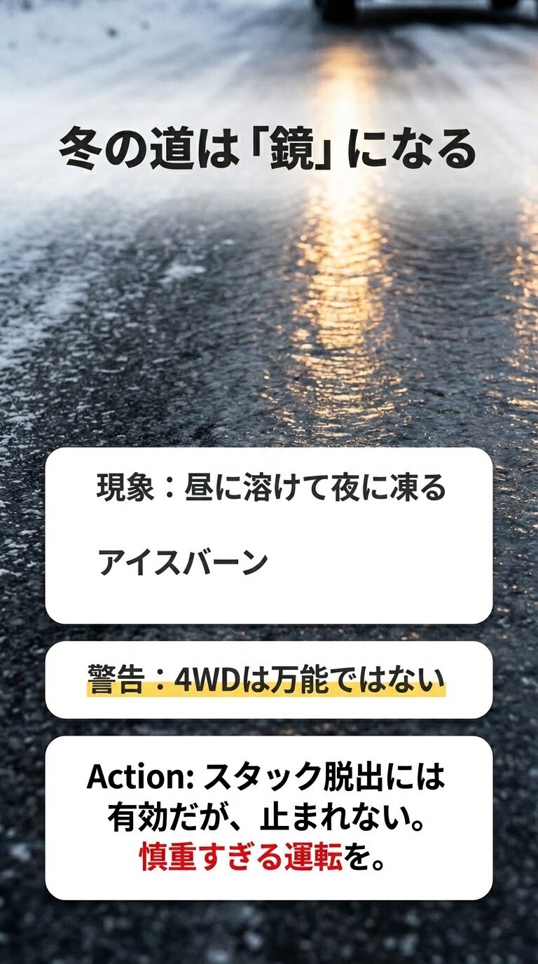 溶けた雪が夜間に凍るアイスバーン現象の解説と、4WDは加速には強いが停止（ブレーキ）は万能ではないという注意点 。