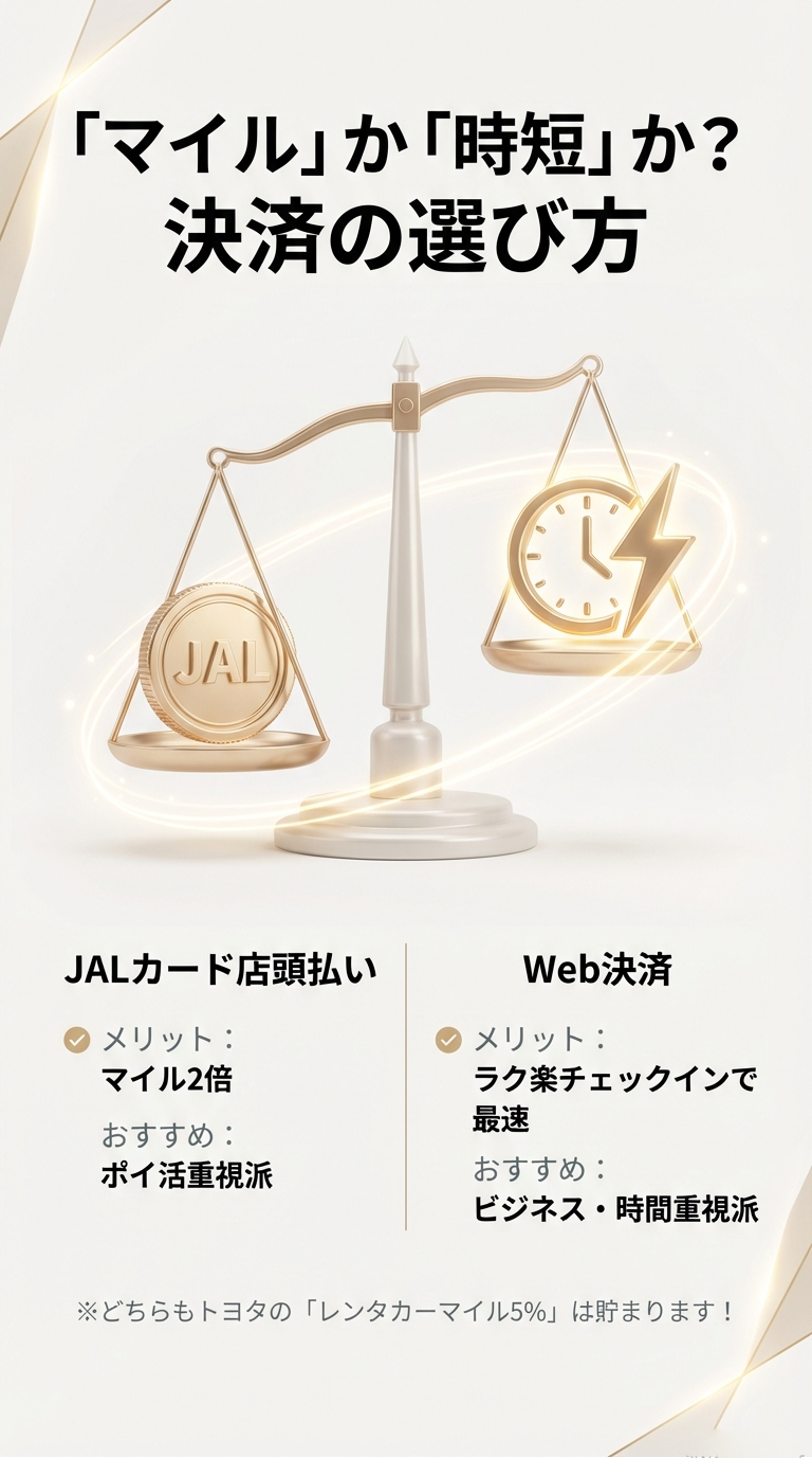 マイルが2倍貯まるJALカード店頭払いと、ラク楽チェックインで最速出発できるWeb決済のメリットを天秤にかけて比較した画像。 
