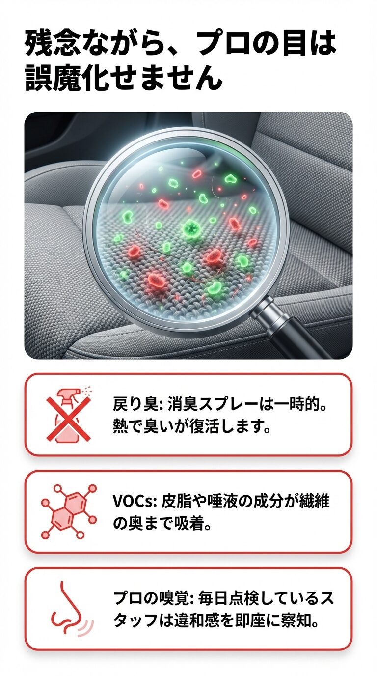 プロの目と嗅覚によるチェックの仕組み 虫眼鏡でシートの繊維を拡大し、皮脂や唾液などのVOCs(揮発性有機化合物)が染み込んでいる様子と、「熱で臭いが復活する戻り臭」について解説したスライド。