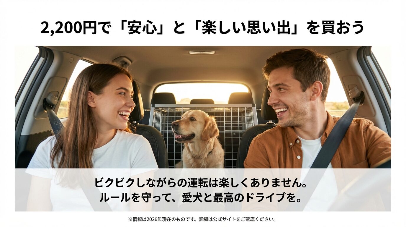 ルールを守って楽しいペットドライブを 車内で愛犬と笑顔で見つめ合うカップルの写真と共に、「2,200円で『安心』と『楽しい思い出』を買おう」というメッセージが書かれたスライド。