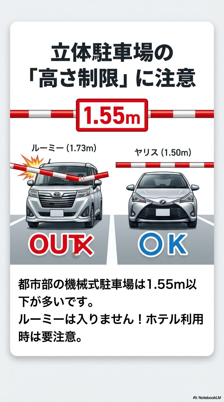 立体駐車場の高さ制限と車種の適合 ルーミーは車高1.73mで1.55m制限の駐車場は不可、ヤリスは1.50mで可能であることを示すイラスト入りの注意喚起スライド。