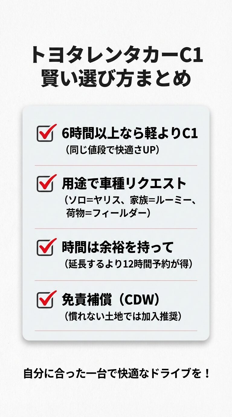 トヨタレンタカーC1クラス賢い選び方のまとめ 6時間以上ならC1、用途で車種リクエスト、時間は余裕を持つ、免責補償加入といった重要ポイントをまとめた最終スライド。