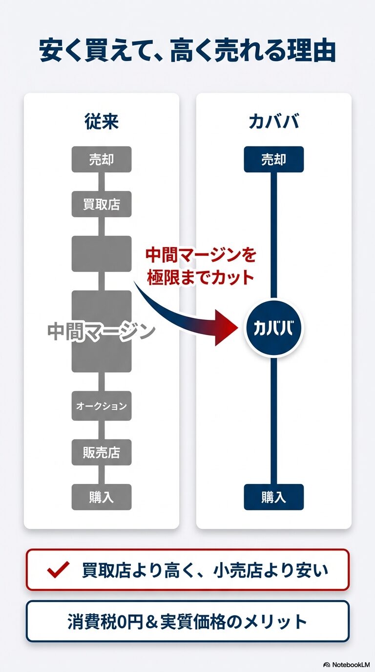 従来流通とカババの中間マージン比較 従来の買取店・オークション・販売店を通る流通経路と、中間マージンを極限までカットしたカババのC2Cモデルを比較した図解。
