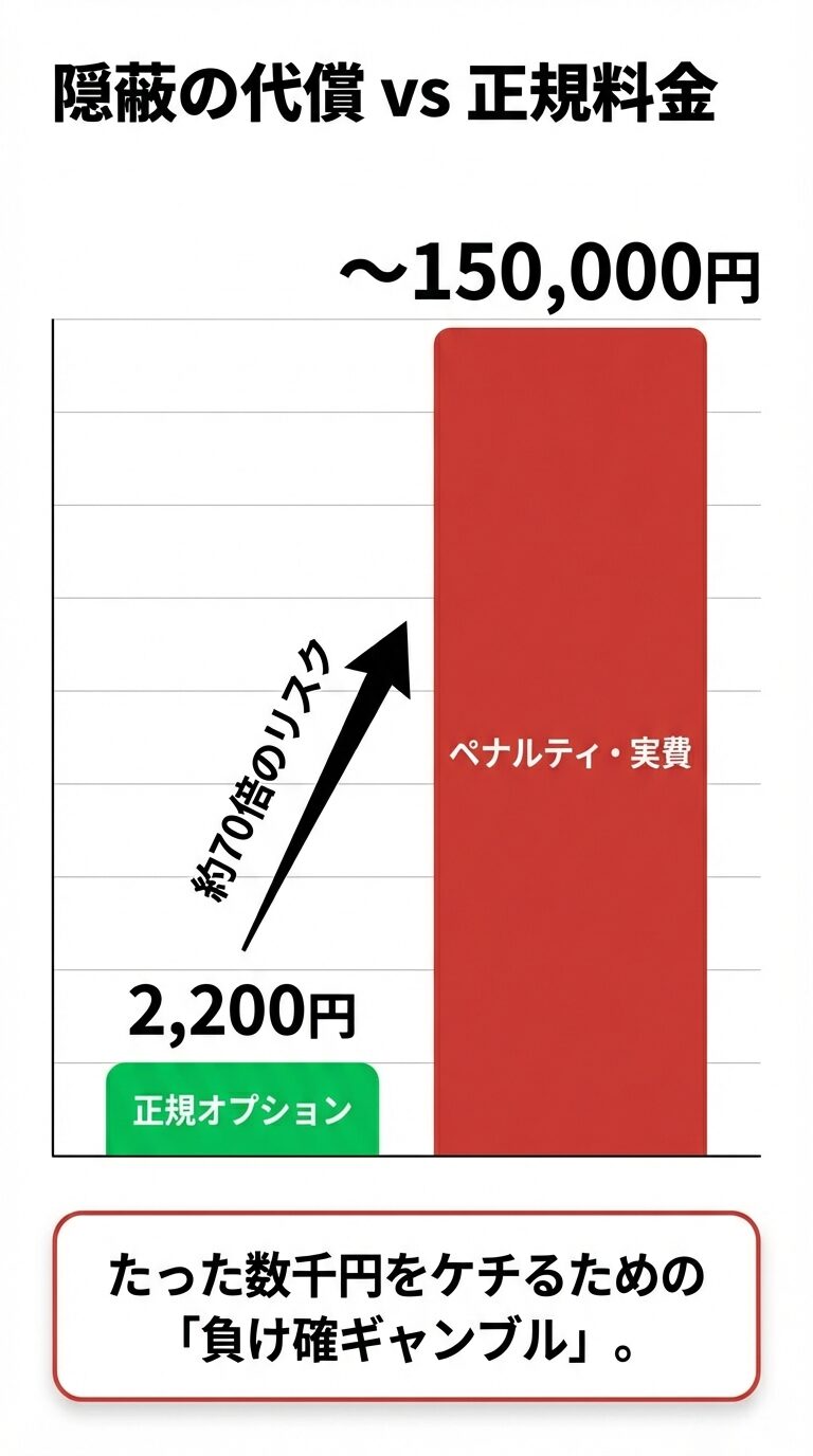 正規料金とペナルティのリスク比較 正規オプション2,200円に対し、ペナルティが最大150,000円に達する約70倍のリスクがあることを示す比較グラフのスライド。