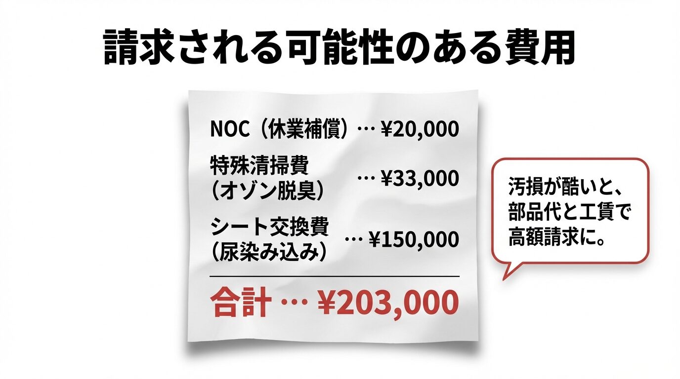 実際に請求される可能性のある高額費用リスト NOC(休業補償)20,000円、特殊清掃費33,000円、シート交換費150,000円、合計で203,000円にのぼる請求例をまとめたスライド。