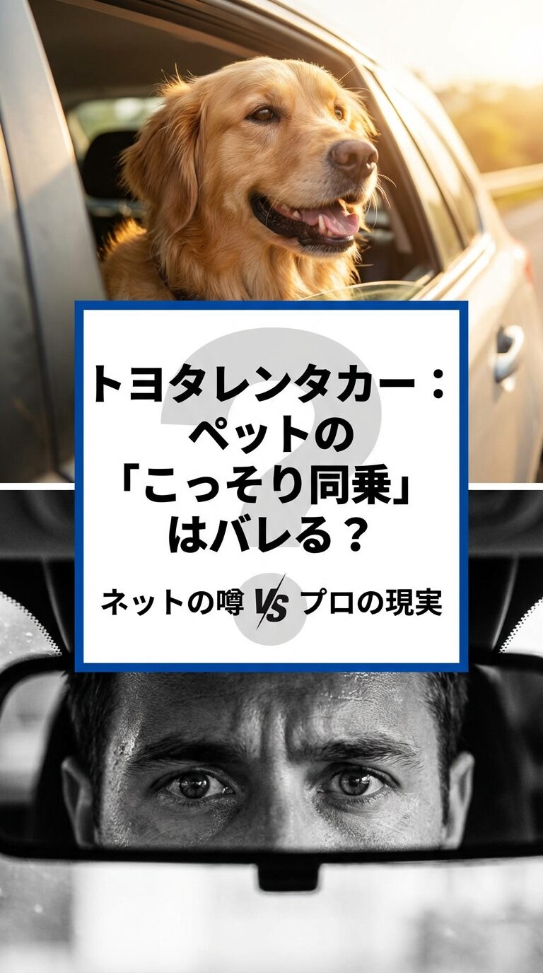トヨタレンタカーでのペット隠蔽リスク調査・表紙 「トヨタレンタカー:ペットの『こっそり同乗』はバレる? ネットの噂 VS プロの現実」という文字が書かれたタイトルスライド画像。