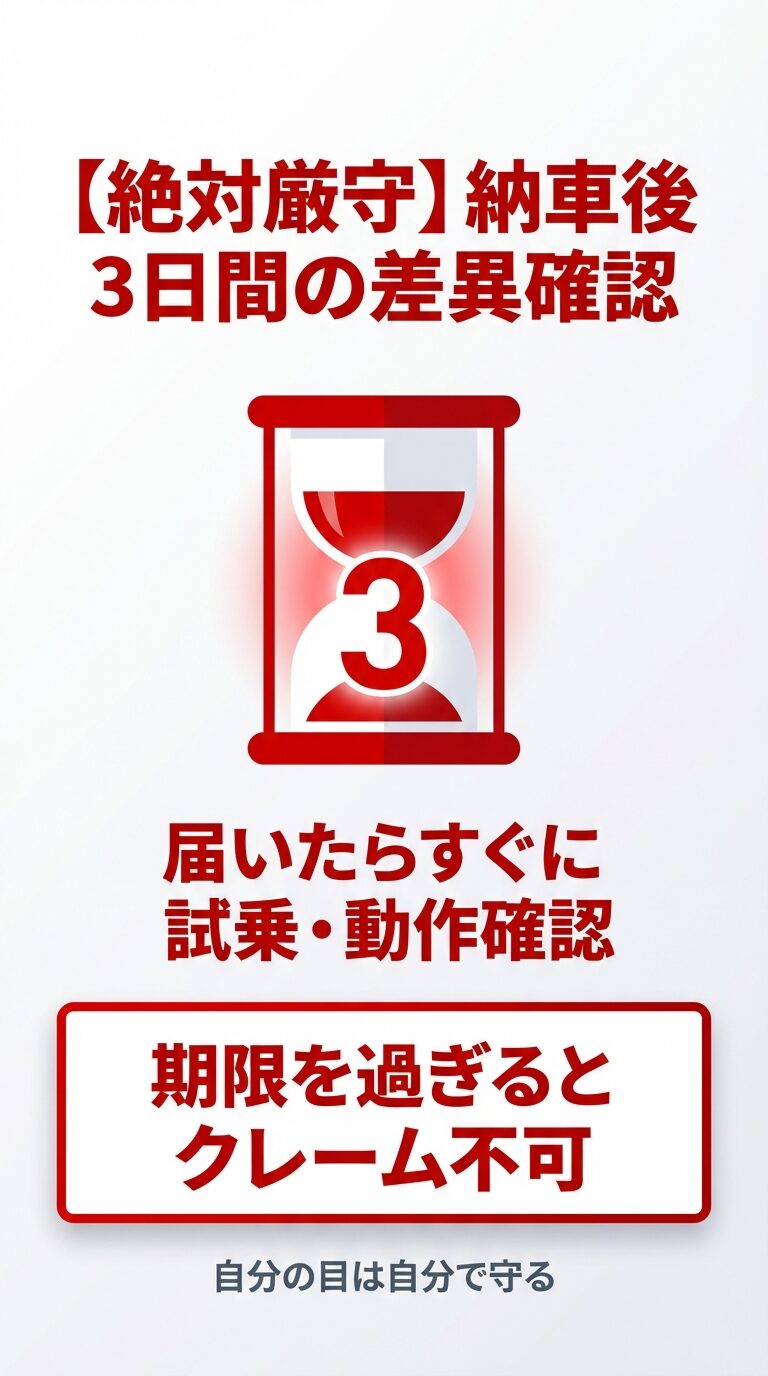 納車後3日間の差異確認ルール 納車後3日間を過ぎるとクレーム不可となるため、届いたらすぐに動作確認を行うべきことを強調する砂時計のイラスト。