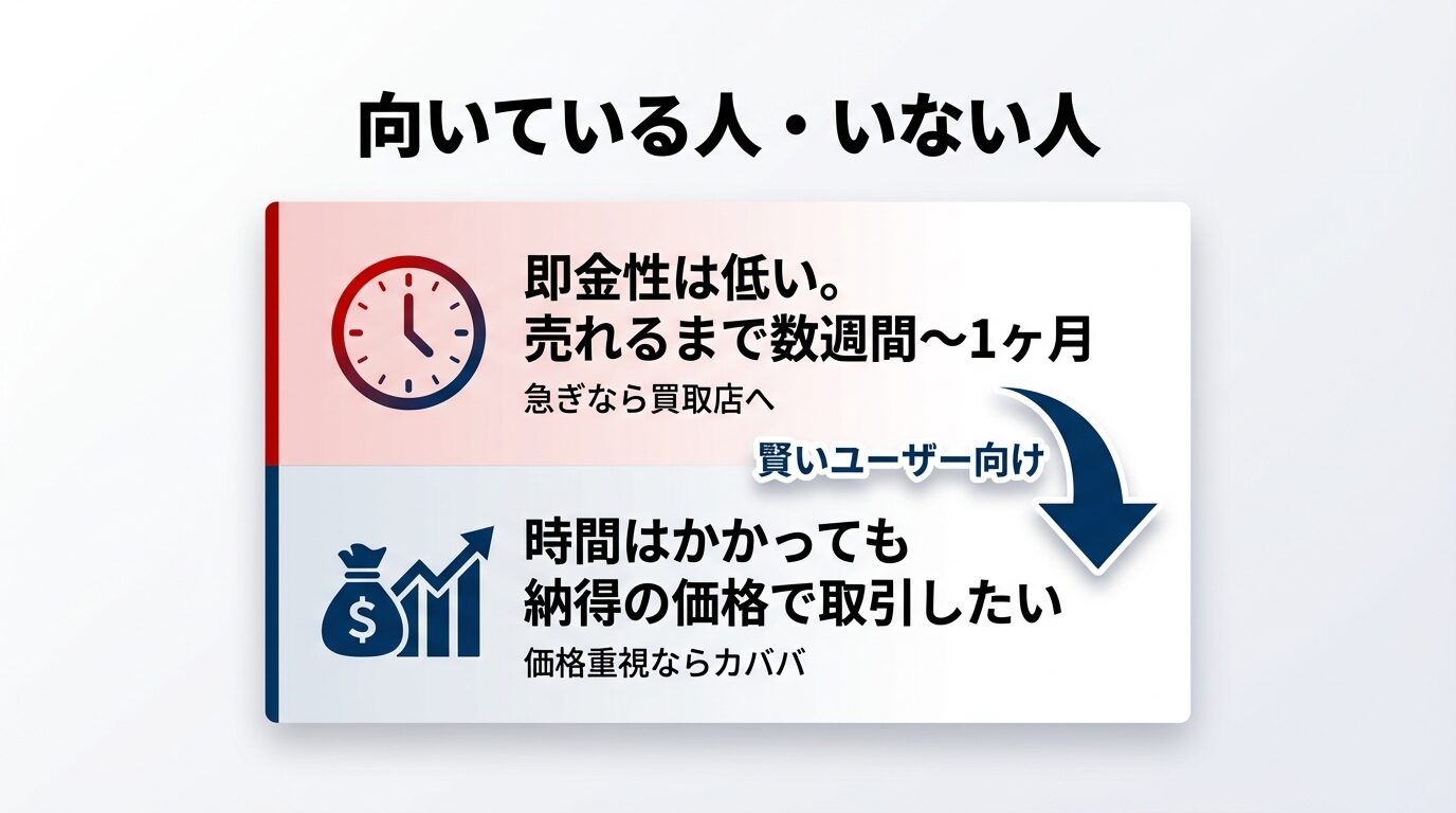 即金性は低いが納得の価格で取引したい人向けであること、売れるまで数週間から1ヶ月程度かかることを示す図解。