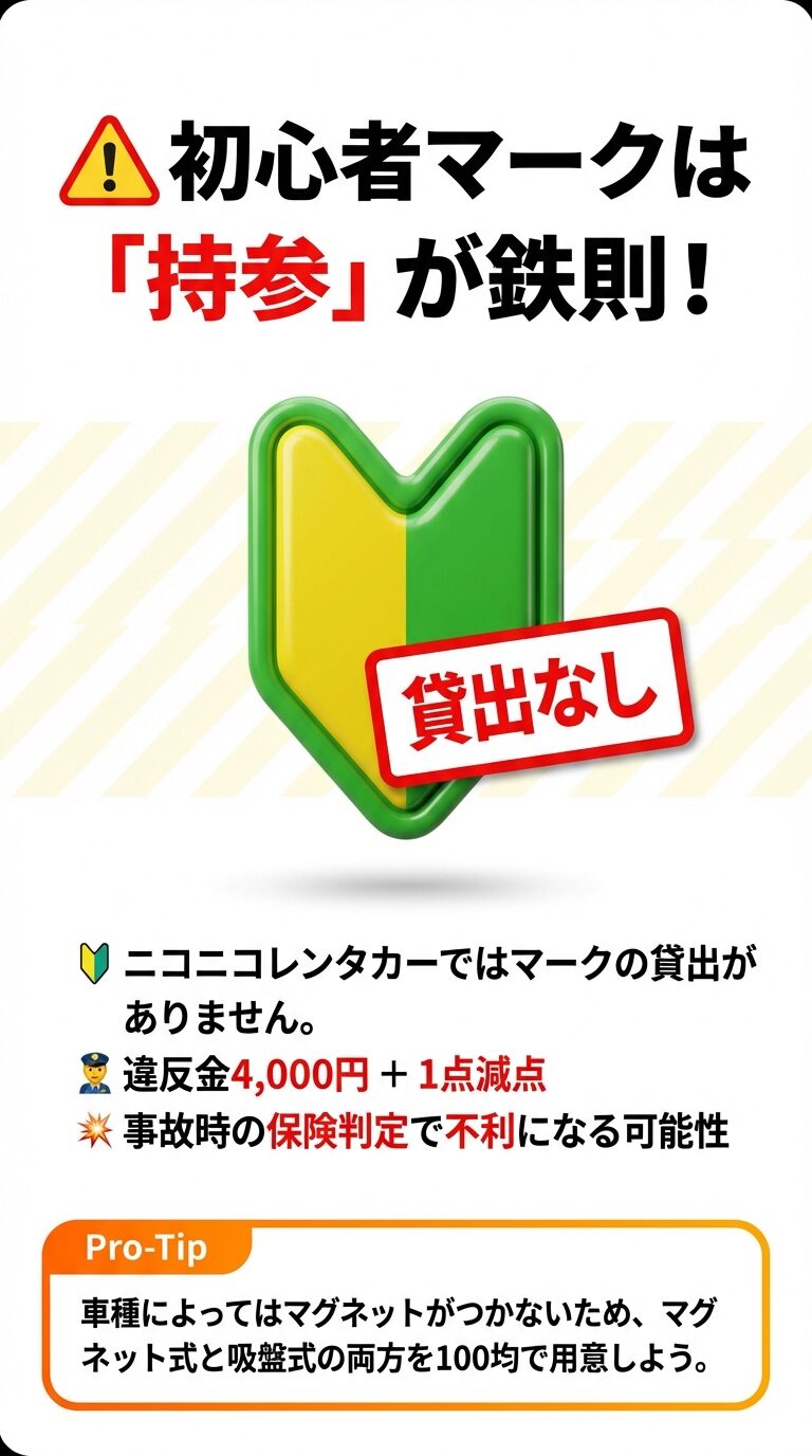 ニコニコレンタカーではマークの貸出がないこと、違反金のリスク、マグネットと吸盤両方の持参を推奨する内容。