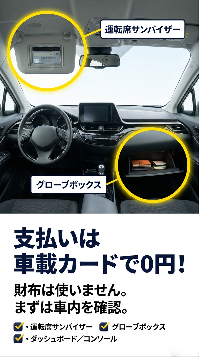 車内の給油カード設置場所 車内の給油カードがある場所の解説。運転席サンバイザー、ダッシュボード、グローブボックスのいずれかにあることを示すイラスト。