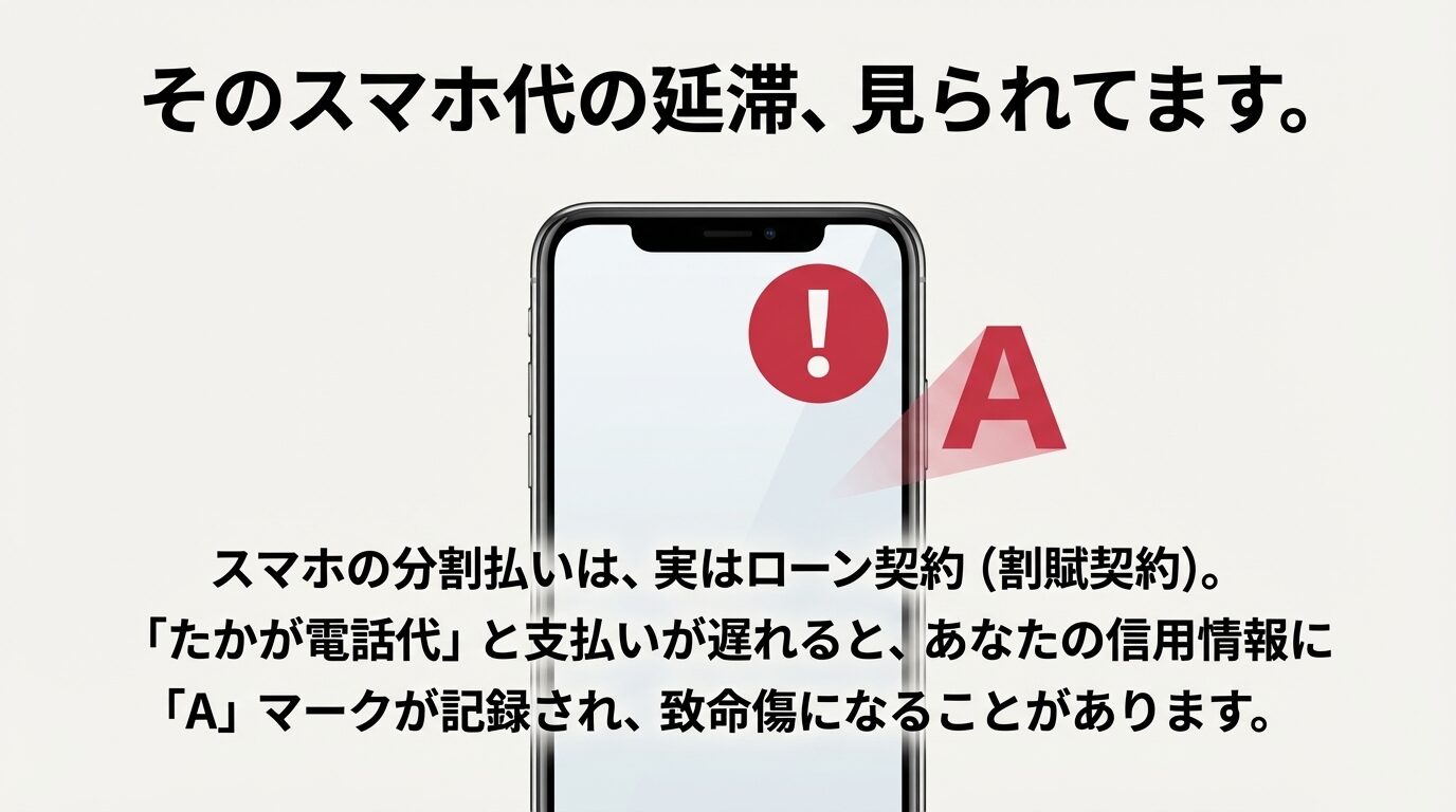 スマホの分割払いがローン契約（割賦契約）であることを示し、支払遅延による「A」マークの記録が審査に致命傷を与える警告図 。