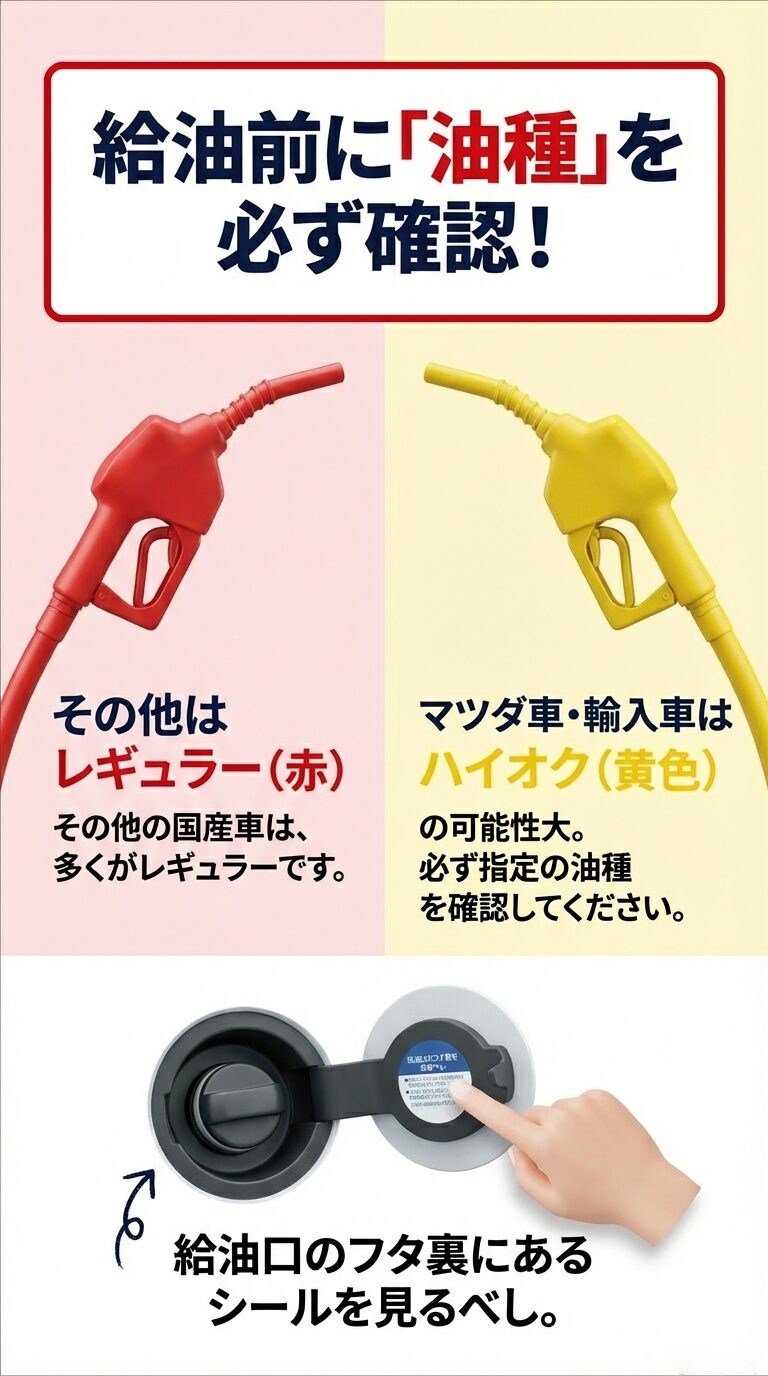 車種別の指定油種と確認方法 給油前に油種を確認する手順。マツダ車や輸入車はハイオク、その他の国産車はレギュラーの可能性が高いこと、給油口のフタ裏のシールを確認することを推奨。