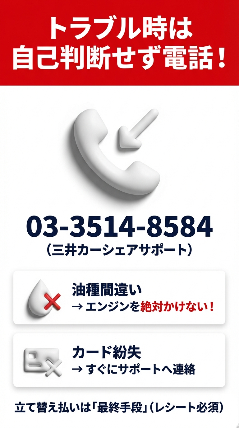 誤給油・カード紛失時の連絡先 トラブル時の対応。三井カーシェアサポート(03-3514-8584)への連絡、油種間違い時は絶対にエンジンをかけないこと、立て替えは最終手段であることの記載。