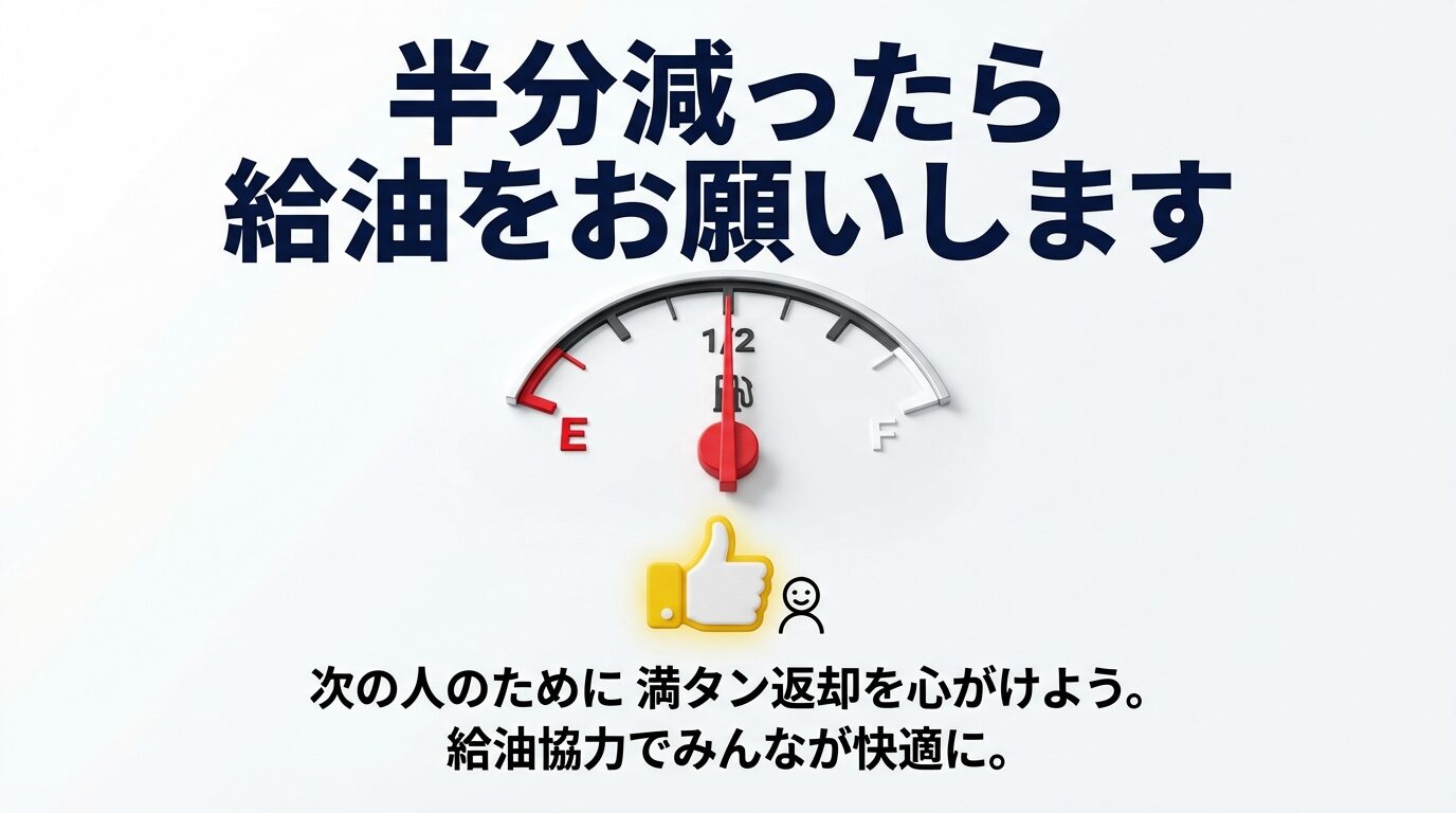 満タン返却への協力お願い 燃料が半分減ったら給油をお願いする案内。燃料計が1/2を指しているイラストと、次の人のために満タン返却を心がけるマナーの解説。