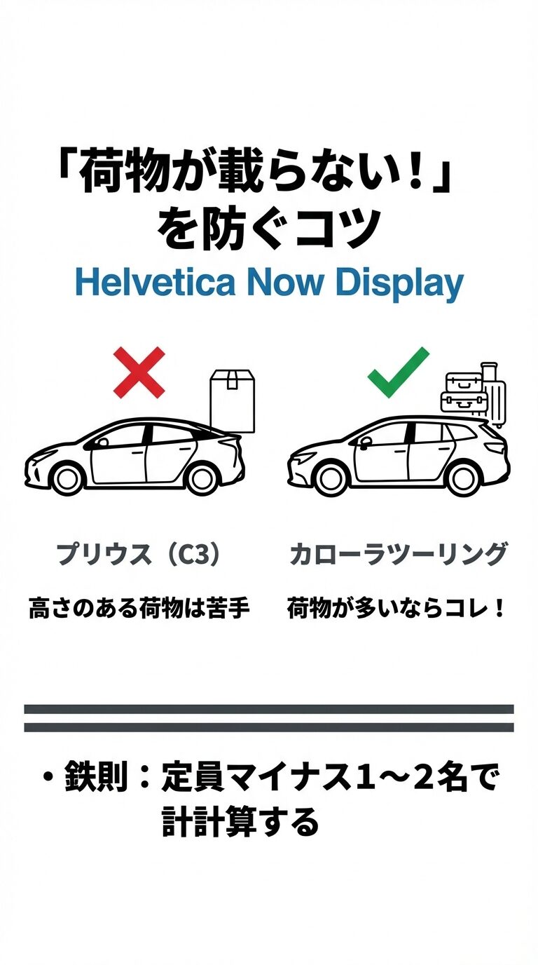 プリウス（C3）は高さのある荷物が苦手な一方、カローラツーリングは荷物が多い時に最適。定員マイナス1〜2名で計算する鉄則をイラストで解説。