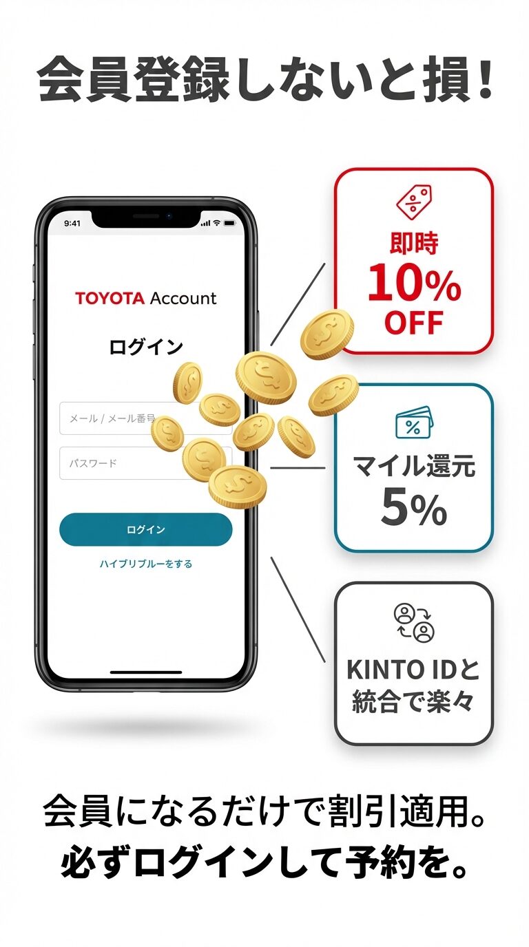 TOYOTAアカウントでログインして予約すると、即時10%OFF、マイル還元5%、さらにKINTO IDとの統合で便利になるメリットを紹介。