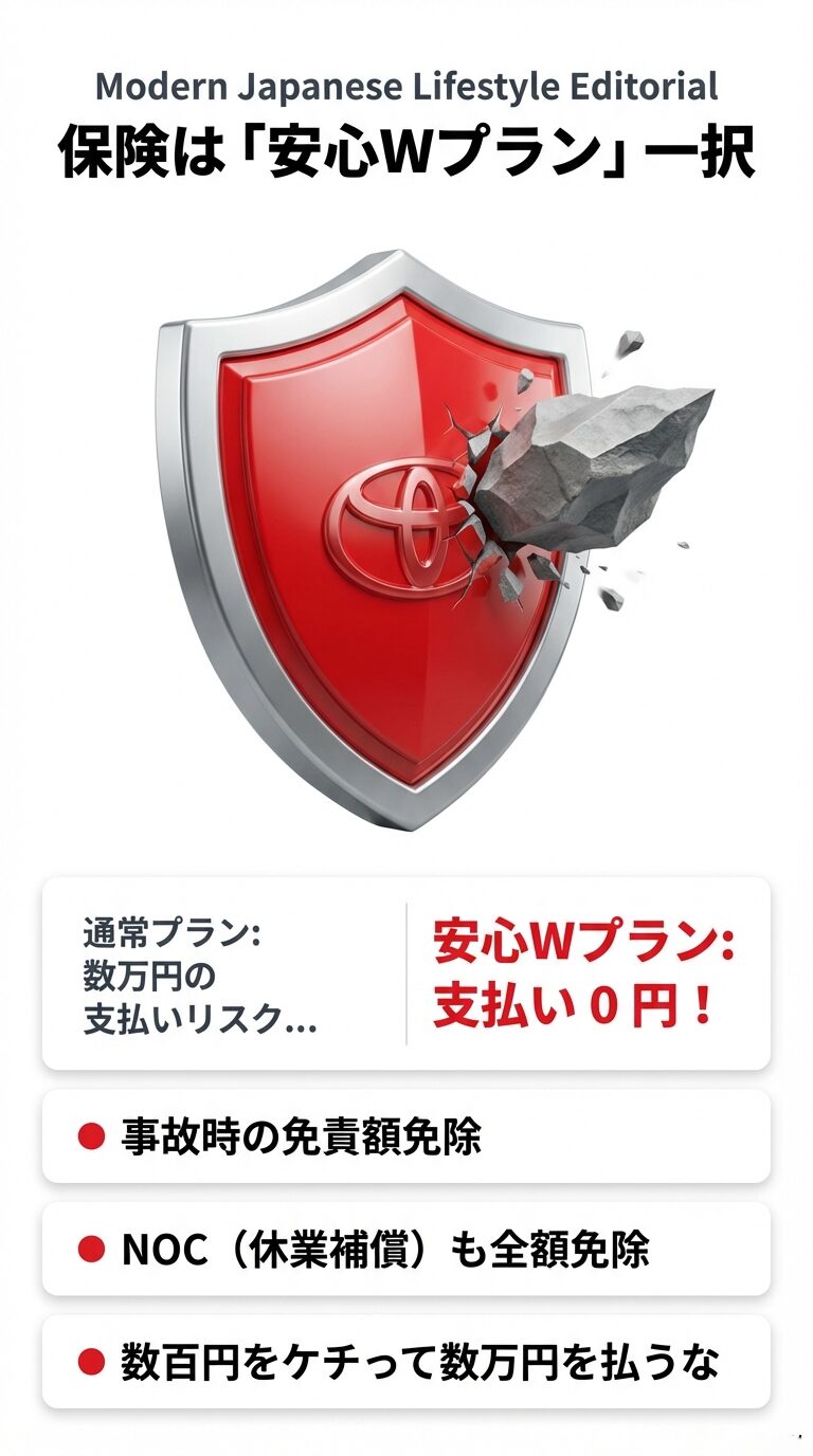 通常プランの支払いリスクに対し、安心Wプランは免責額やNOC（休業補償）が全額免除され、自己負担が0円になることを盾のイメージで強調。