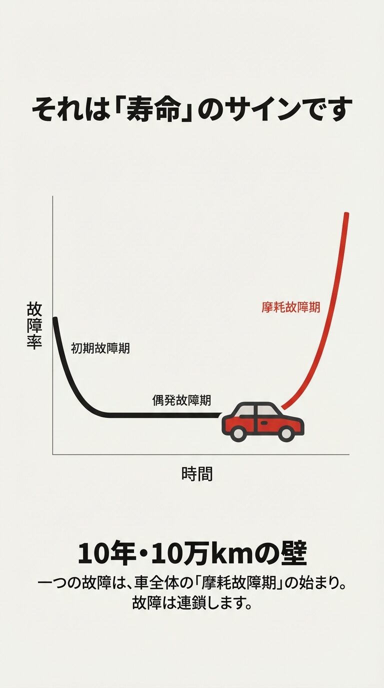 時間の経過とともに故障率が変化するグラフ（バスタブ曲線）。初期故障期、偶発故障期を経て、10年・10万kmの壁を境に急上昇する「摩耗故障期」の様子。