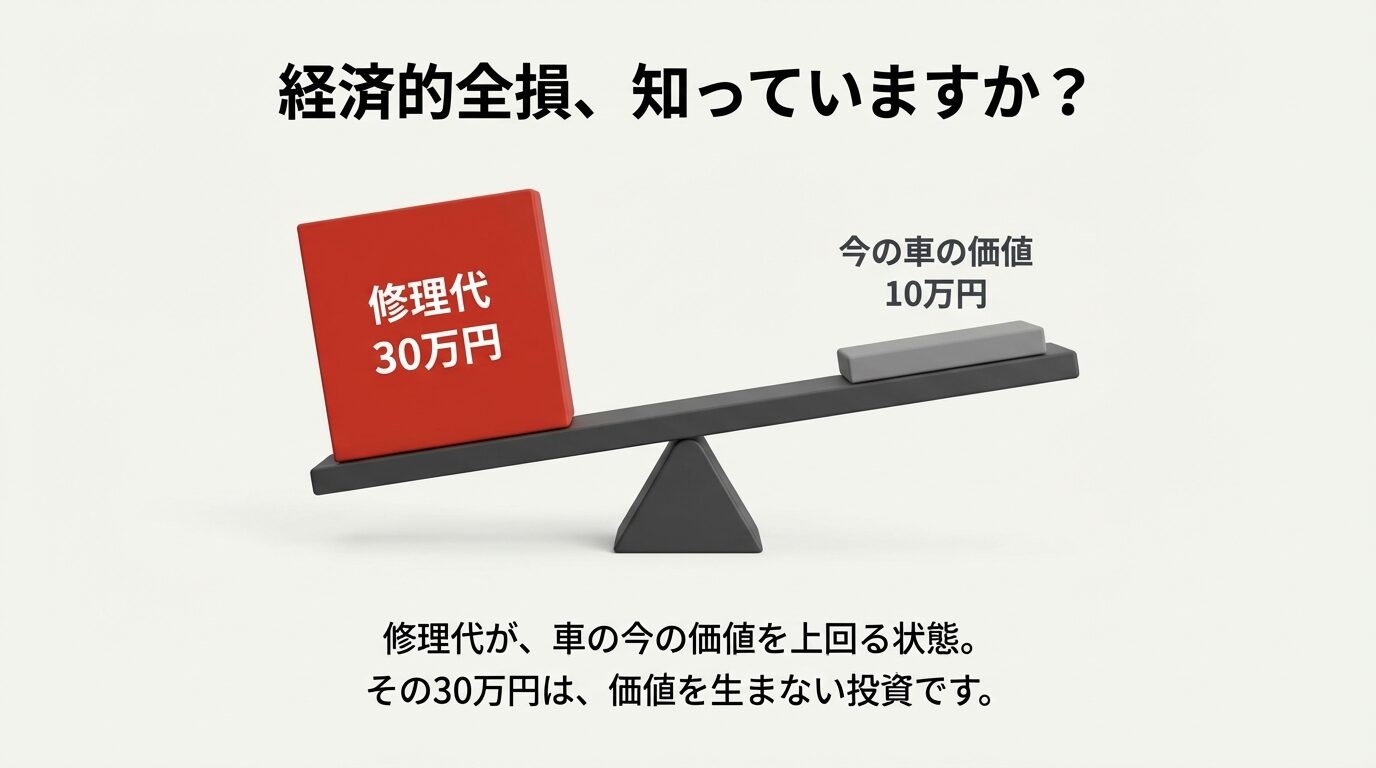 シーソーの左側に重い「修理代30万円」、右側に軽い「今の車の価値10万円」が乗っており、修理代が価値を大きく上回っている（経済的全損）様子。