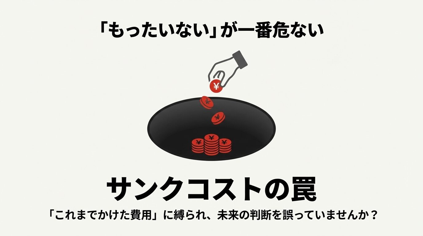 「¥」マークが描かれたコインが底の見えない穴に落ちていくイラスト。これまでにかけた費用に縛られるリスクを表現。