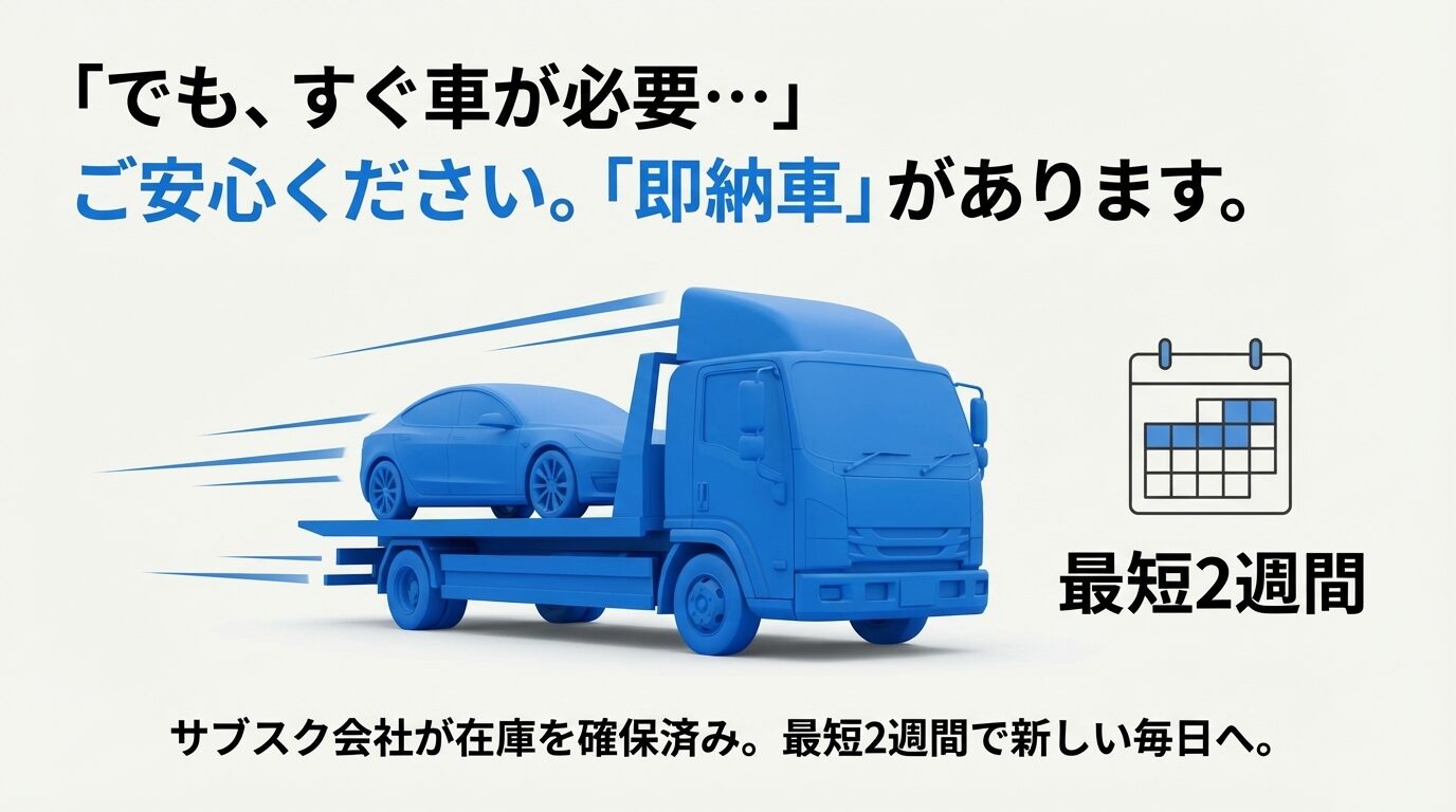 新車を積んだ積載車とカレンダーのイラスト。最短2週間で納車が可能であることを表現。