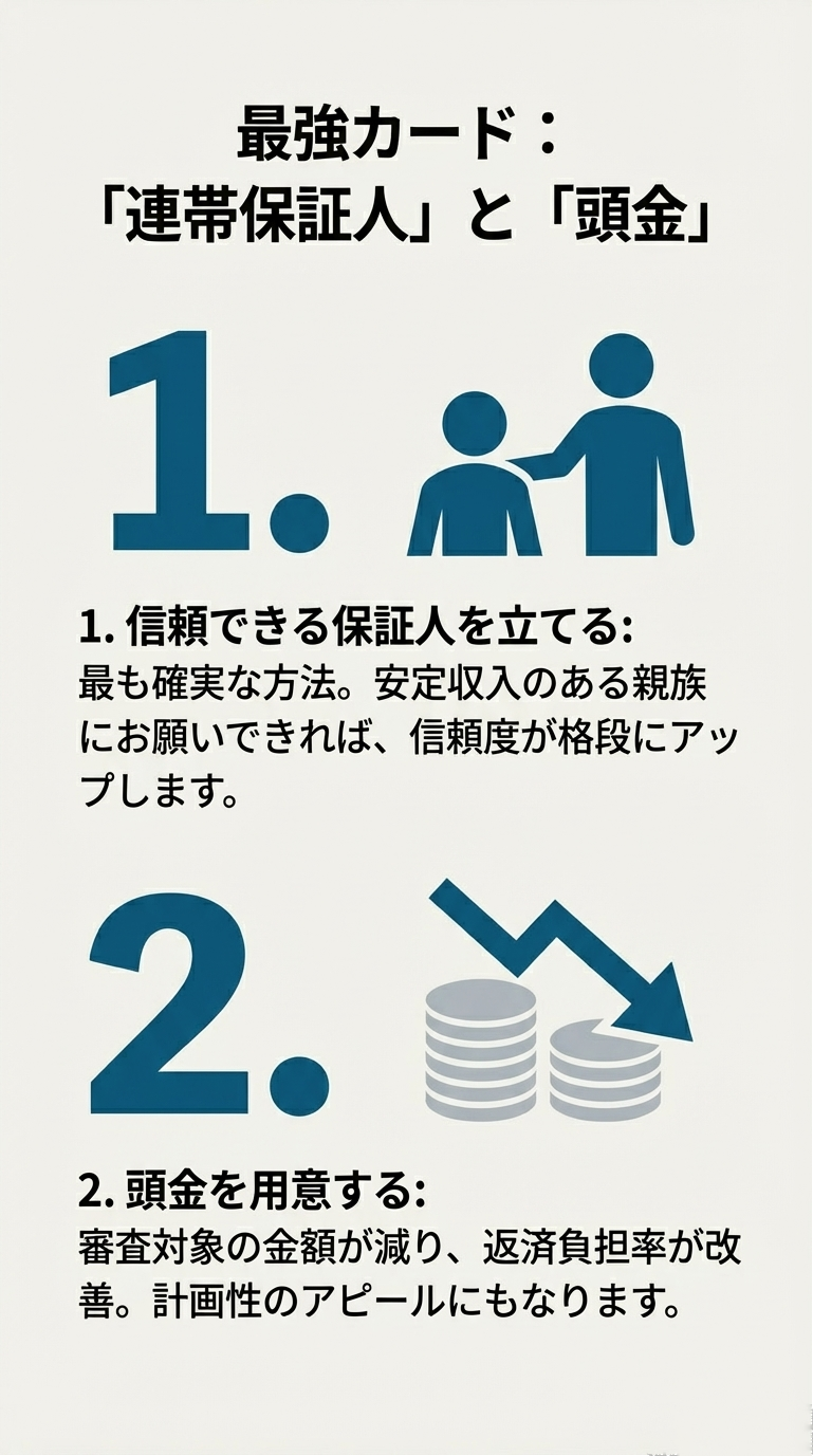 安定収入のある親族の連帯保証人を立てることと、頭金によって返済負担率を改善し計画性をアピールする2つの対策 。
