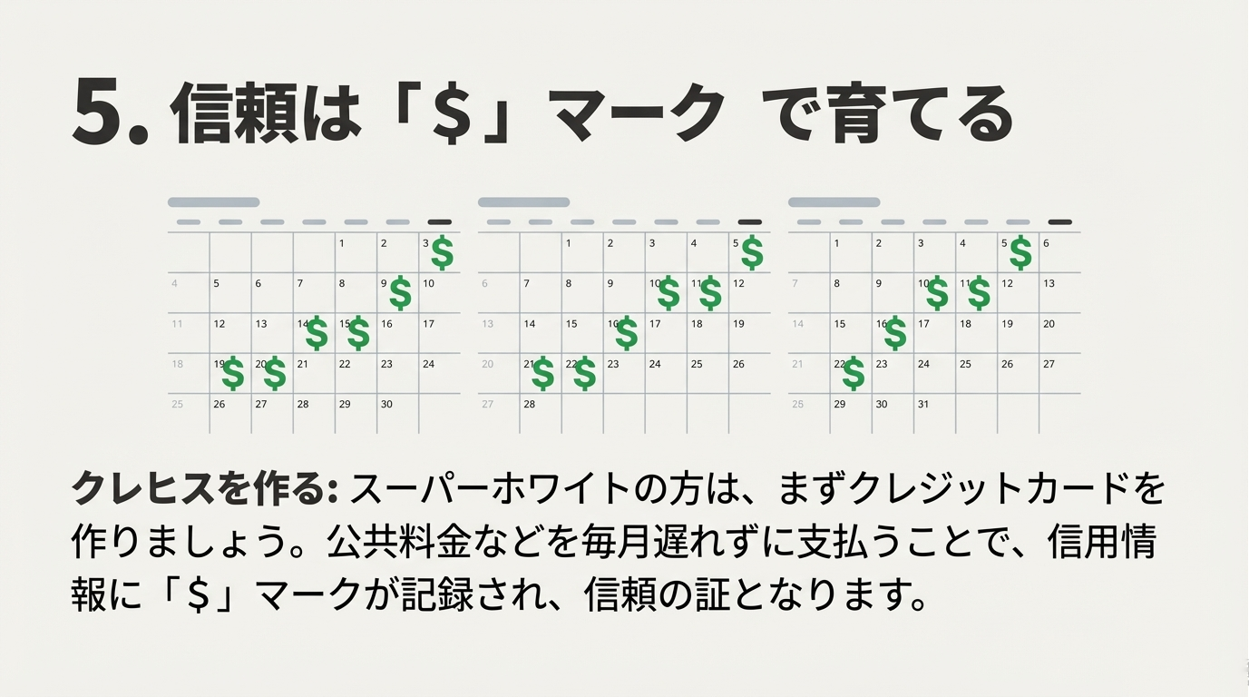 クレジットカードでの公共料金支払いなどを通じて、信用情報に「$」マークを積み重ね、信頼の証を作るプロセスを示すカレンダー図 。