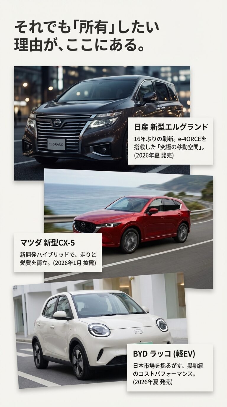日産新型エルグランド（2026年夏）、マツダ新型CX-5（2026年1月披露）、BYDラッコ（2026年夏）の3車種の特徴と発売時期をまとめたスライド。 