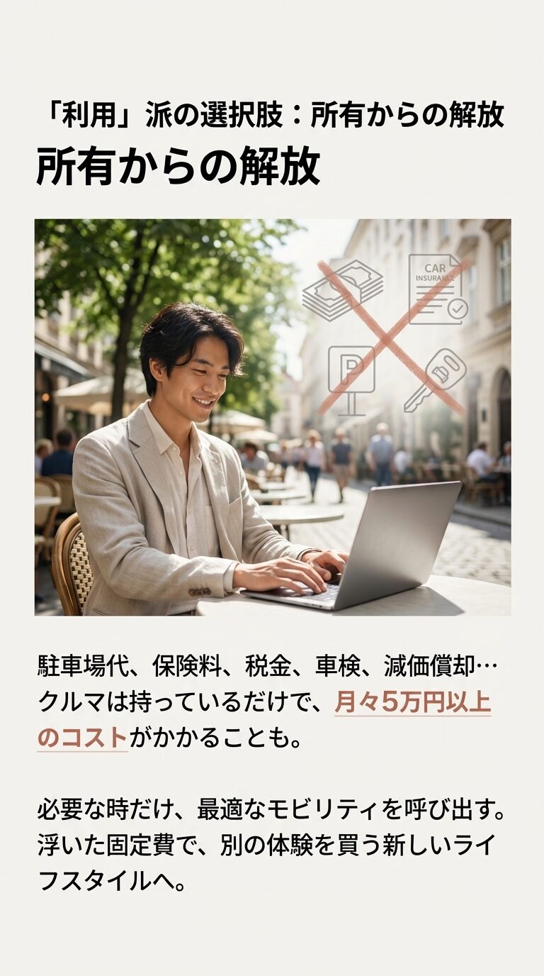 カフェでパソコン作業をする男性の画像とともに、駐車場代や保険料などの固定費（月5万円以上）を削減し、浮いたお金で別の体験を買うライフスタイルを提案するスライド。 