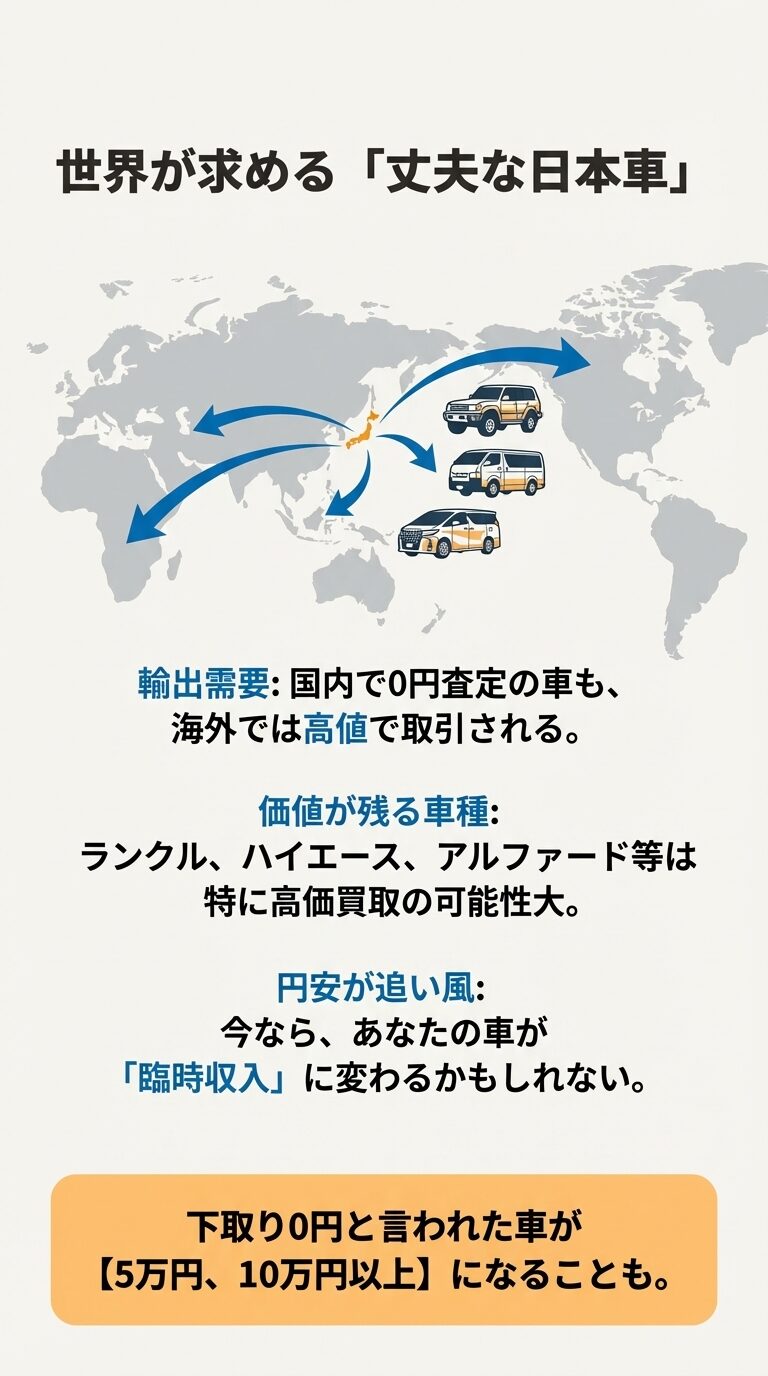 スライド6枚目。日本から世界地図（アフリカ、アジア等）へ矢印が伸び、ランクルやハイエースが輸出されるイラスト 。国内で0円査定でも海外では高値で取引されることや、円安が追い風となり5万円〜10万円以上の値がつく可能性があることを説明している 。