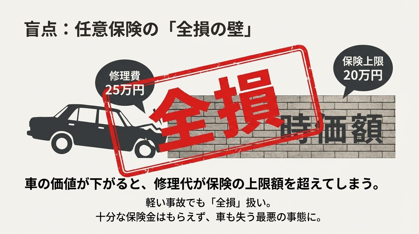 スライド9枚目。車が壁に衝突したイラスト。修理費25万円に対し、車の時価額（保険上限）が20万円の場合、「全損」扱いとなり、十分な保険金がもらえず車も失うリスクを図解している 。