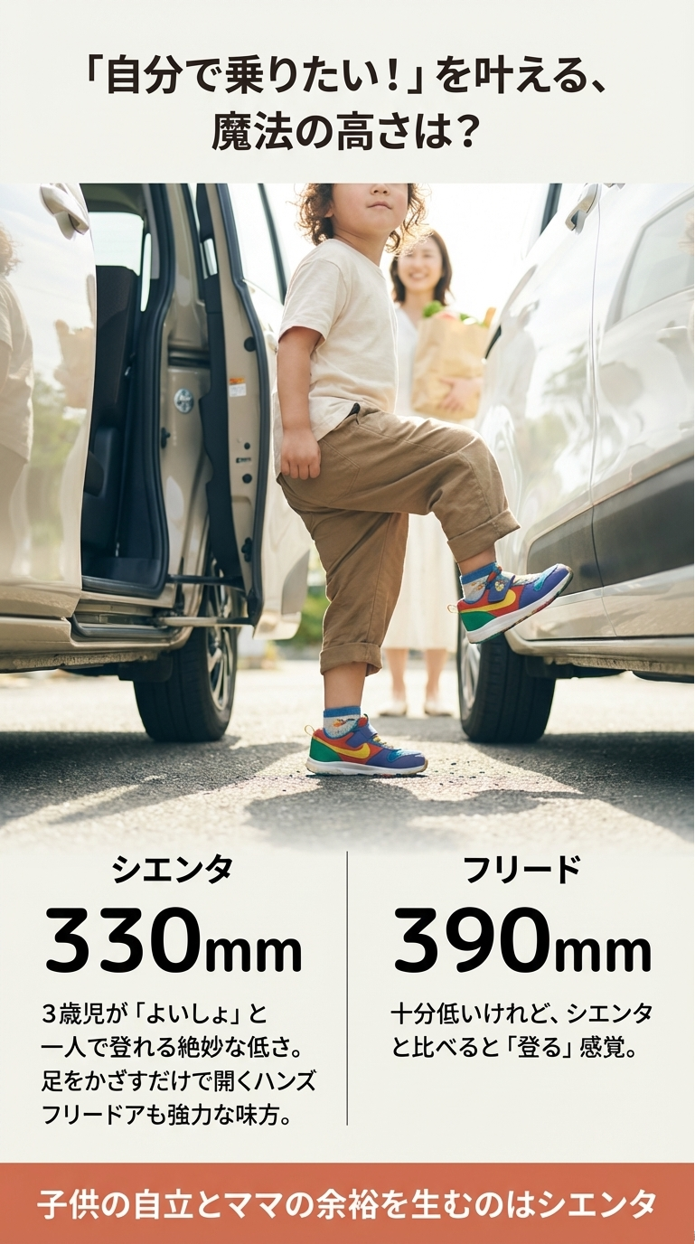 地面からのステップ高の比較。シエンタは330mmで3歳児が一人で登れる低さ。フリードは390mm。シエンタのハンズフリードアについても言及されています。 