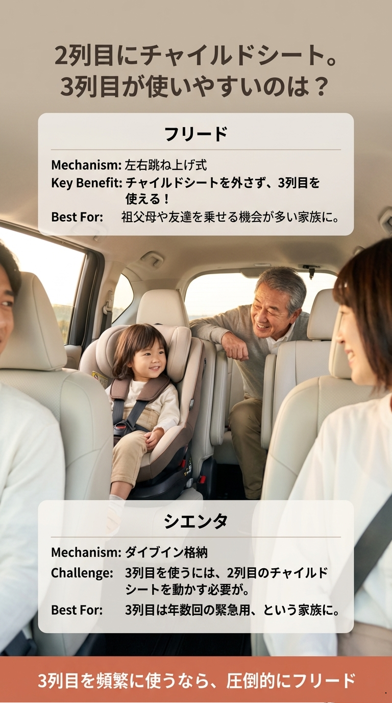 シート格納方式の比較。フリードは左右跳ね上げ式でチャイルドシートを外さず3列目が使用可能。シエンタはダイブイン格納で、3列目使用には2列目の移動が必要。