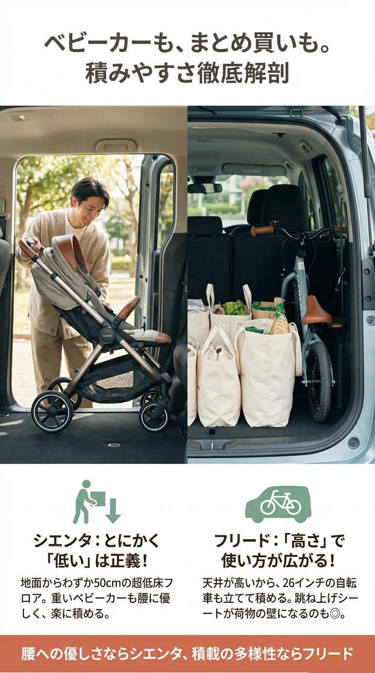 積載性の比較。シエンタは地上50cmの超低床フロアでベビーカーに優しく、フリードは天井が高く自転車も立てて積める。 